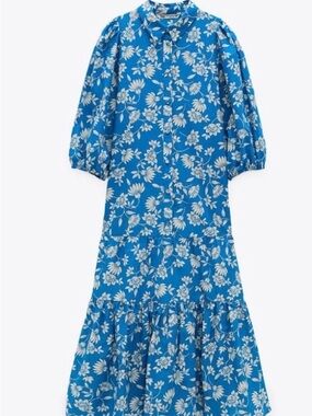 Zara Bright Blue Floral Button-Front Midi Dress